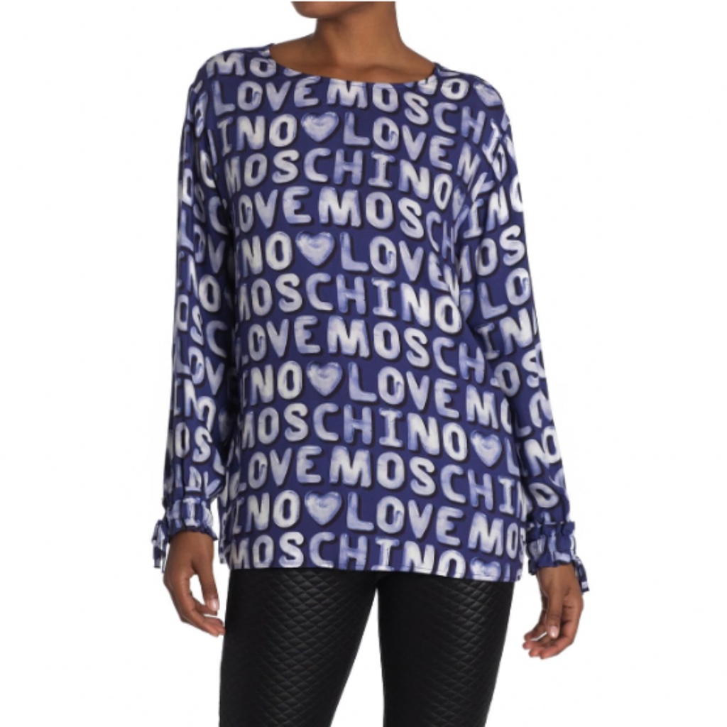 Love Moschino Blue Allover Logo Long Sleeve Blouse